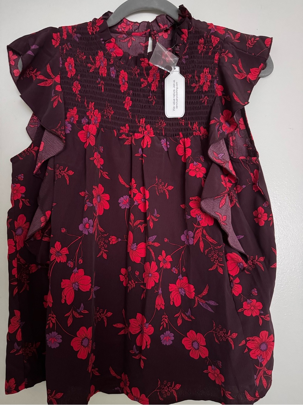 Sanctuary Burgundy Floral Ruffle Smocked Neck Top